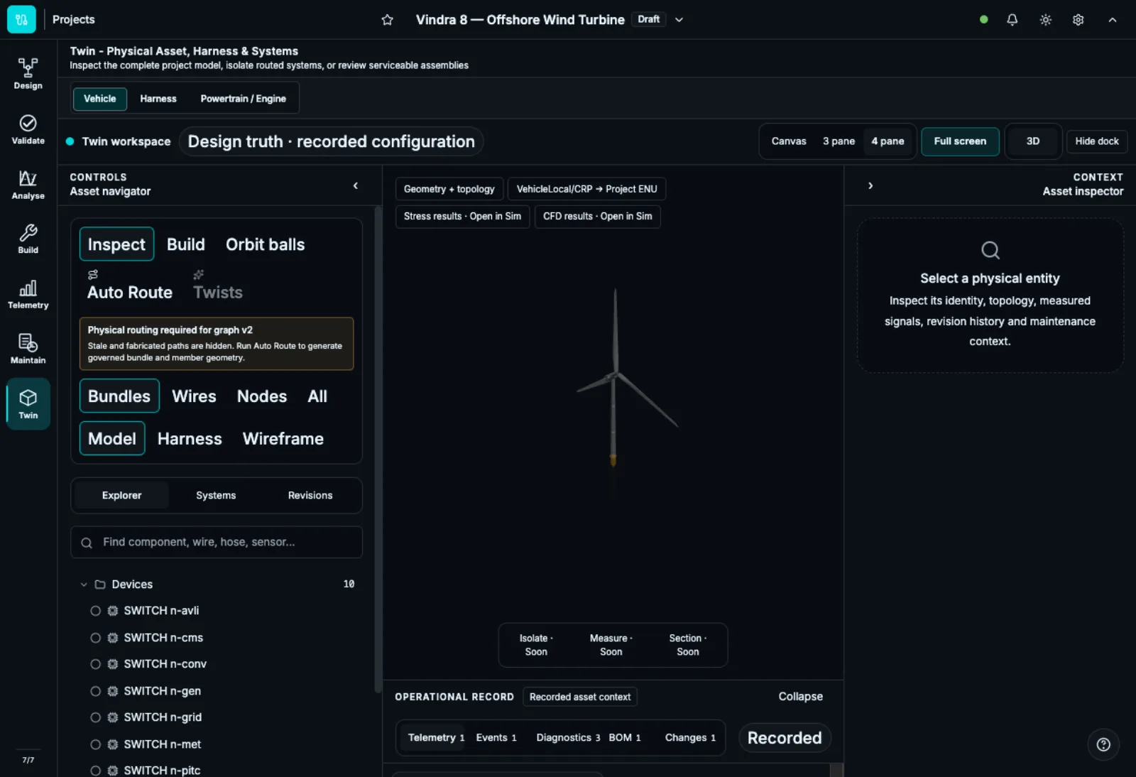 LoomLab Twin workspace — physical asset, harness layers, and recorded configuration